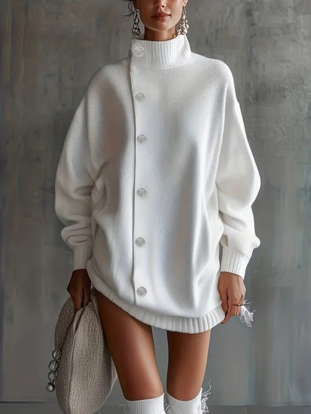 Women's White Button-Up High-Neck Sweater Dress, Comfortable Fabric